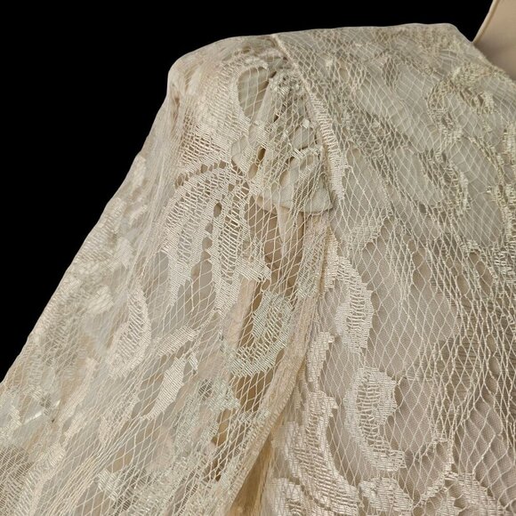 80s David Rose Flapper Party Dress Cream Lace Long Sleeve Shoulder Pads Womens 8 - Picture 2 of 11